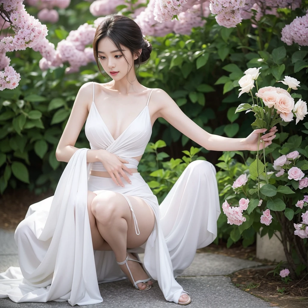 Mustem, top quality, illustration, ultra high definition, fine details, high resolution, perfect dynamic chinese new year, beautiful and delicate eyes, Naturally colored lips, perfect and beautiful face, cute, sexy face, feminine face, full body shot, elegant dress, Rich rose flower field