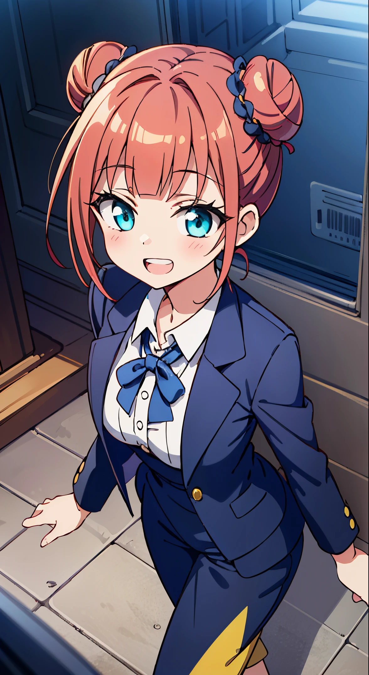 (masutepiece, Best Quality, Perfect Anatomy, High quality:1.4), absurderes, absolutely resolution, unbelievable Ridiculous, hight resolution, ultra-detailliert, Official art, Unity 8k壁纸, Kinetic typography,nice hand, Perfect hands, Detailed beautiful hands, Large_filesize, fulcolor, hight resolution, symmetric, exceptional, Best aesthetic, newest, Anime, very beautiful detailed body,The hair,faces,The eye, BREAK, 1 beautiful girl, (Cute:1.5), (Chibi: 0.8), (kawaii: 1.5), (Lori: 0.5), (17 years old girl), BREAK(Red hair, short-hair,2 hair buns,Blunt bangs:1.4),(:D,grin:1.3),{Heterochromia,pale blue eyes,pale green eyes, Eye Highlights,The first hyperfine stars:1.5},Star eyes silhouette thick eyelashes, Double eyelids:1.2),(de pele branca),BREAK,Clear skin,Beautiful skin, ,(best quality face),(Top quality glowing eyes),(The best smile,:D:1.45) ,
BREAK is the elegance of a traditional English mansion butler,
equipping, Tailored blazer in classic neutral tones,
High-waisted trousers with straight or wide-leg cut,
A crisp white button-up shirt for a timeless look.,
Polished oxford shoes for a sophisticated touch,
classic black bow tie for formal men's clothing.,
Leather gloves and vintage watches as accessories.
Sleek bun or low ponytail for a sophisticated hairstyle,
Minimal makeup that emphasizes defined eyebrows,
Create a sophisticated atmosphere with subtle pearl or stud earrings,
BREAK ,(Office, desk work, whiteboard, sofa, buildings from window,Makuhoku Computer,
(upward looking gaze :1.2) ,
Looking Up ,
From above ,depth of fields,
BREAK,wakame,wakame,wakame,(Cowboy Shot:1.4),
BREAK,(Blurry background:1.3),(absurderes, hight resolution, Super Detail Art),cel shading,Clear Color, Lonely optical effect, Beautiful pictures, Bright glow, mystic atmosphere,(Close-up of girl:1.1), Mystical light particle effect,manga influence, clean line drawings,