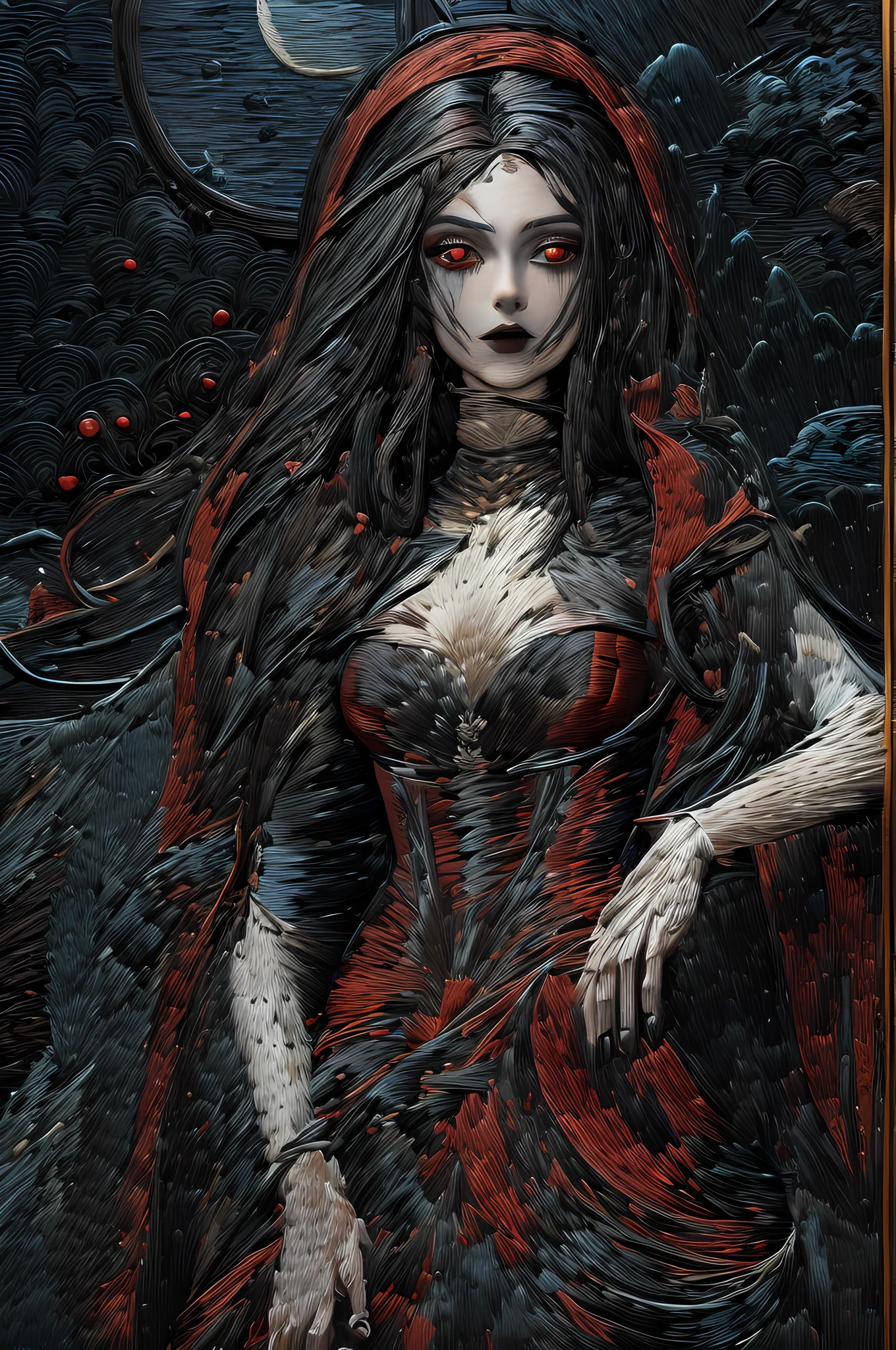 (embroidery artwork: 1.5), punch needle embroidery,  full body best details, highly detailed, best quality, highres, full body portrait of a vampire, elf (1.6, Masterpiece, best quality), ultra feminine (1.4 intricate details, Masterpiece, best quality) with a long curvy hair, dark color hair, red eyes (1.3 fantasy art, Masterpiece, best quality), ((beautiful delicate face)), Ultra Detailed Face (1.4 intricate details, fantasy art, Masterpiece, best quality), [visible sharp vampiric fangs] (1.6 intricate details, fantasy art, Masterpiece, best quality), [anatomically correct] red cloak, flowing cloak (1.4 intricate details, fantasy art, Masterpiece, best quality), wearing an intricate leather [white] dress (1.4 intricate details, gothic art, Masterpiece, best quality), high heeled boots, blood dripping on lipackground (intense details, beat detailantasy, at night light, natural ,moon light, soft moon light, moon rays, clouds, gothic atmosphere, gothic street background, bats flying in background, soft light, dynamic light, [[anatomically correct]], high details, best quality, 8k, [ultra detailed], masterpiece, best quality, (extremely detailed), dynamic angle, ultra wide shot, RAW, photorealistic