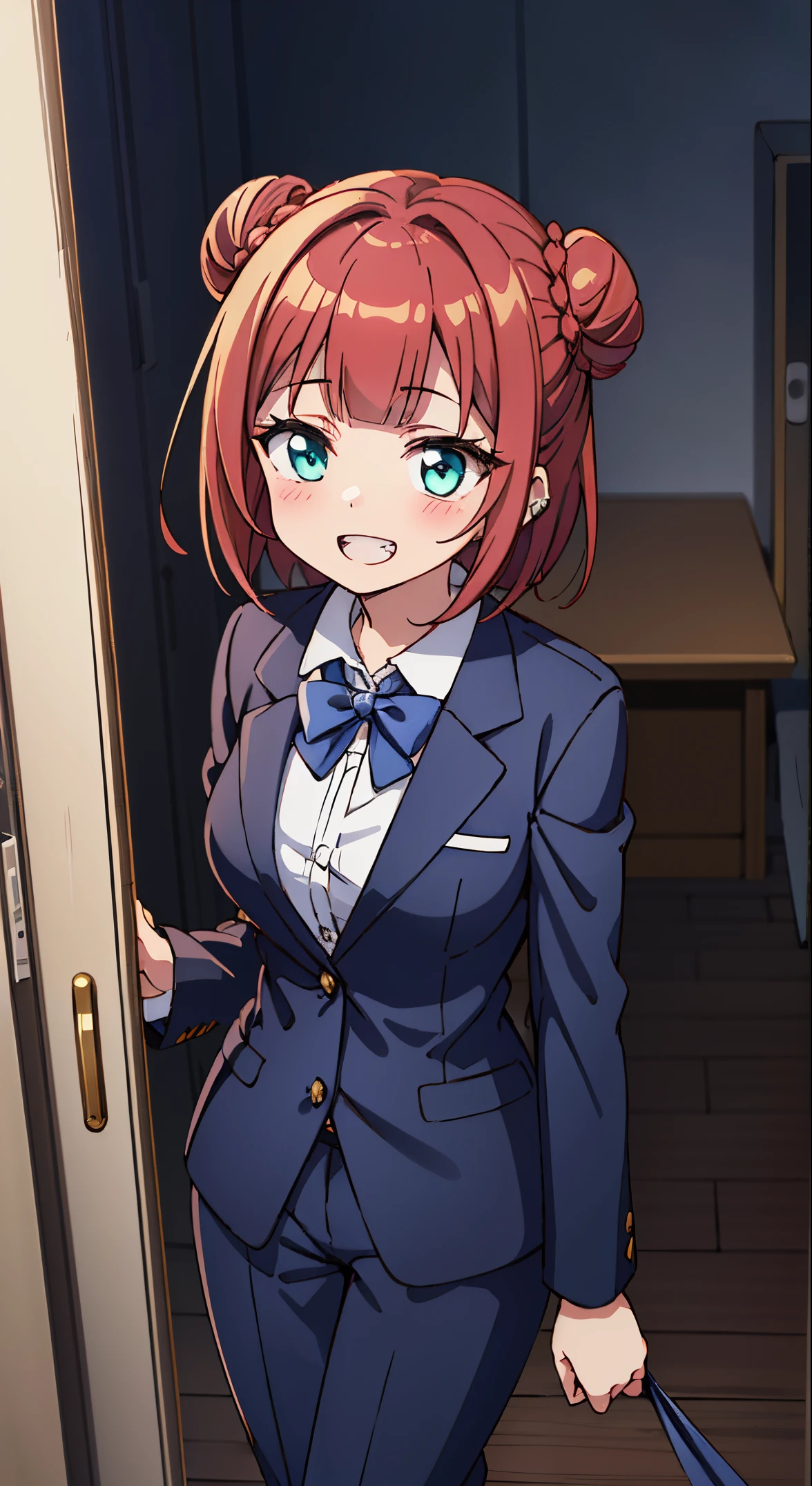(masutepiece, Best Quality, Perfect Anatomy, High quality:1.4), absurderes, absolutely resolution, unbelievable Ridiculous, hight resolution, ultra-detailliert, Official art, Unity 8k壁纸, Kinetic typography,nice hand, Perfect hands, Detailed beautiful hands, Large_filesize, fulcolor, hight resolution, symmetric, exceptional, Best aesthetic, newest, Anime, very beautiful detailed body,The hair,faces,The eye, BREAK, 1 beautiful girl, (Cute:1.5), (Chibi: 0.8), (kawaii: 1.5), (Lori: 0.5), (17 years old girl), BREAK(Red hair, short-hair,2 hair buns,Blunt bangs:1.4),(:D,grin:1.3),{Heterochromia,pale blue eyes,pale green eyes, Eye Highlights,The first hyperfine stars:1.5},Star eyes silhouette thick eyelashes, Double eyelids:1.2),(de pele branca),BREAK,Clear skin,Beautiful skin, ,(best quality face),(Top quality glowing eyes),(The best smile,:D:1.45) ,
BREAK is the elegance of a traditional English mansion butler,
equipping, Tailored blazer in classic neutral tones,
High-waisted trousers with straight or wide-leg cut,
A crisp white button-up shirt for a timeless look.,
Polished oxford shoes for a sophisticated touch,
classic black bow tie for formal men's clothing.,
Leather gloves and vintage watches as accessories.
Sleek bun or low ponytail for a sophisticated hairstyle,
Minimal makeup that emphasizes defined eyebrows,
Create a sophisticated atmosphere with subtle pearl or stud earrings,
BREAK ,(Office, desk work, whiteboard, sofa, buildings from window,Makuhoku Computer,
(upward looking gaze :1.2) ,
Looking Up ,
From above ,depth of fields,
BREAK,wakame,wakame,wakame,(Cowboy Shot:1.4),
BREAK,(Blurry background:1.3),(absurderes, hight resolution, Super Detail Art),cel shading,Clear Color, Lonely optical effect, Beautiful pictures, Bright glow, mystic atmosphere,(Close-up of girl:1.1), Mystical light particle effect,manga influence, clean line drawings,