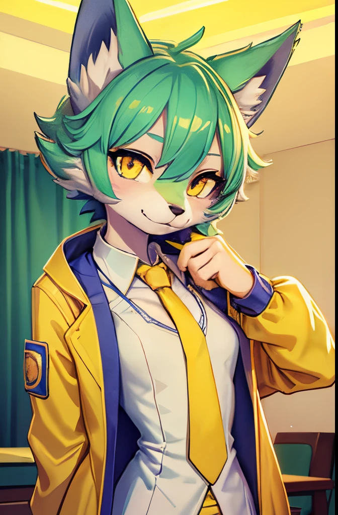 A beautiful small breasted wolf girl with vibrant colours stands in an apartment interior. She has mint green short ((scruffy hair)) and glowing yellow eyes. She is wearing a ((golden scientist jacket with a gold necktie)). The overall atmosphere is filled with vibrant colours and a sense of elegance.
