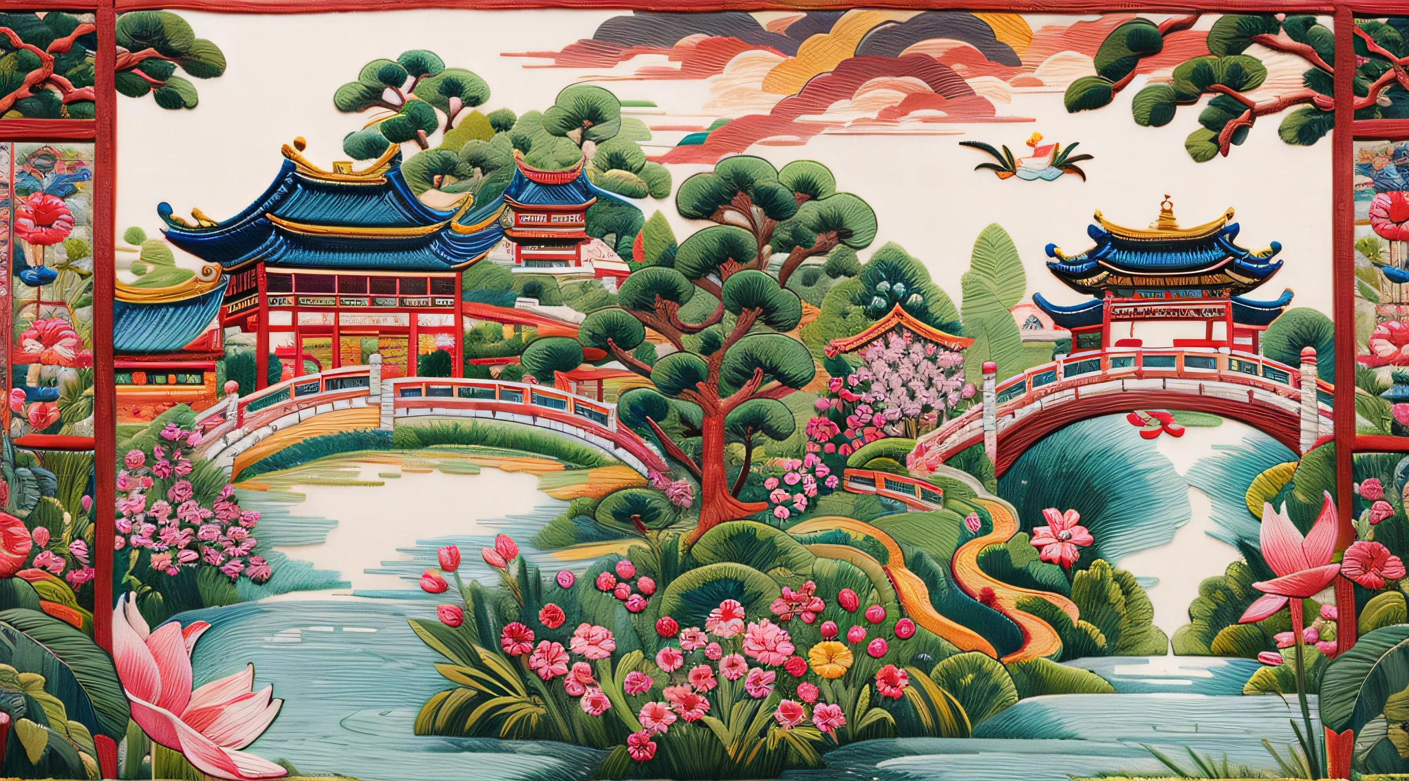 needlepoint，Embroidery antique scene，fenghuang，lotus flower，waterfall man，blue-sky，baiyun，Chinese landscape painting