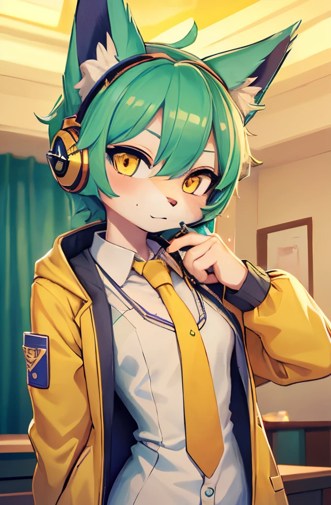 A beautiful small breasted wolf girl with vibrant colours stands in an apartment interior. She has mint green short ((scruffy hair)) and glowing yellow eyes. She is wearing a ((golden scientist jacket with a gold necktie)) (((as well as headphones))). The overall atmosphere is filled with vibrant colours and a sense of elegance.