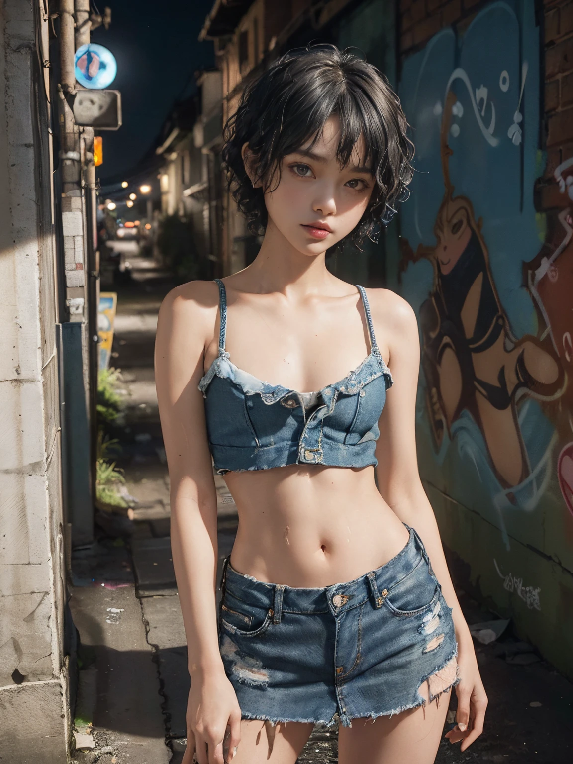 raw photo, 8k, (top-quality), Realistic, (real picture, Intricate details), (natural skin texture, detailed skin, hyper realism, sharpness), (Japanese college girl standing in dirty back alley at night, graffitied wall:1.3, hands in the pocket), ((blue Denim bra, denim mini-skirt, Distressed denim)), (((Small chest:1.3))), Fair skin, sweaty skin, ((wavy short hair, pixie cut hairstyle)), (neat face, seductive look, Parted lips, tongue out:1.2), thigh, graffiti:1.5, night time, spot lighting:1.3, low angle Full body shot