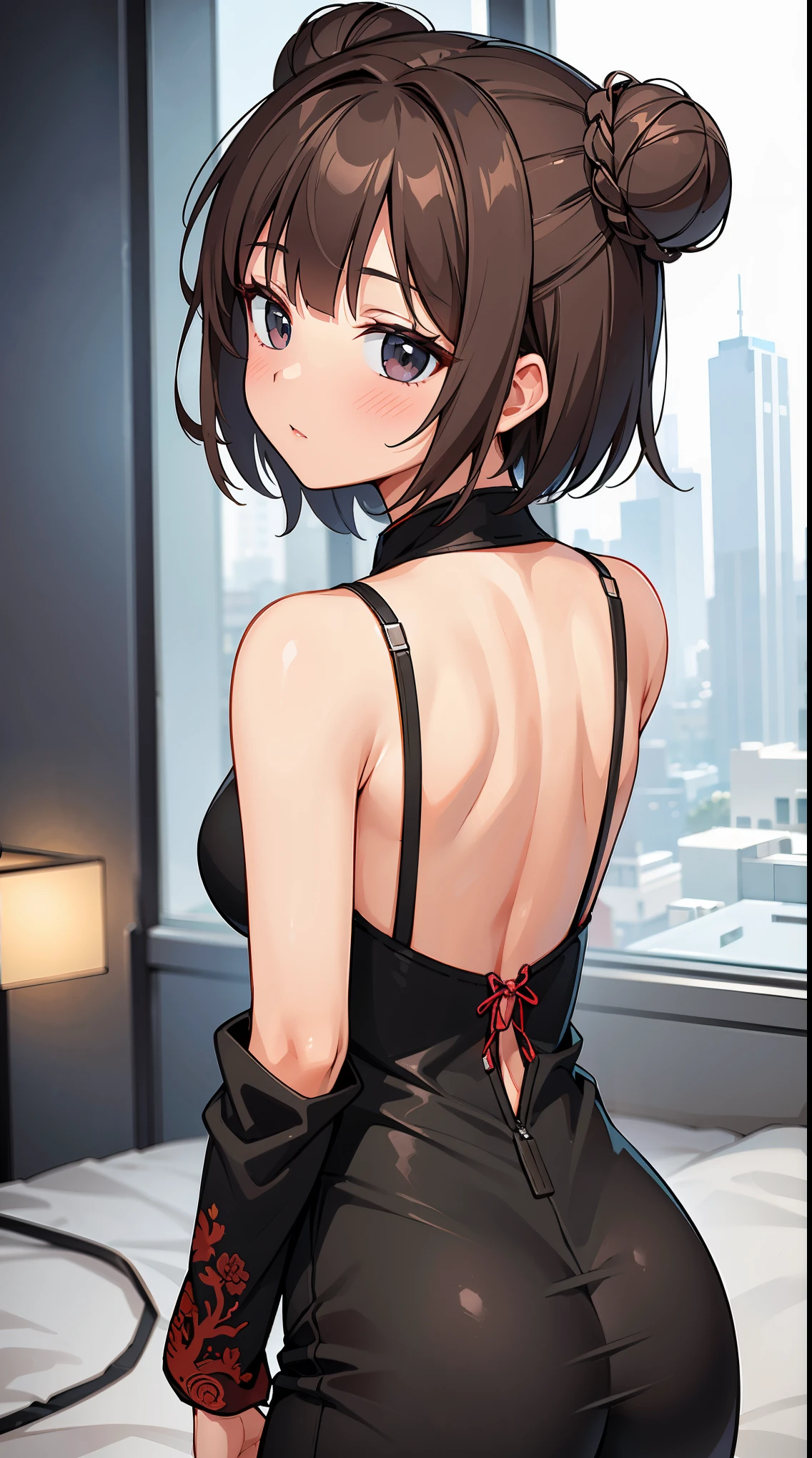 (in 8K, Raw photography, Best Quality, masutepiece: 1.2), high-definition RAW color photography, Professional Photography, Cinematic Light, (animesque:1.2), (ung chinese woman), (Brown hair, short-cut, Bun head)slenderbody, ((Black cheongsam with colorful dragon embroidery)) , ((With your back turned, Looking back, Focus on the back:1.1)), (((upperbody shot))),((full-face blush)), ((white blurred background)), Realistic, Highly detailed, Photography, masutepiece, High quality, High quality, hight resolution, Professional Lighting,