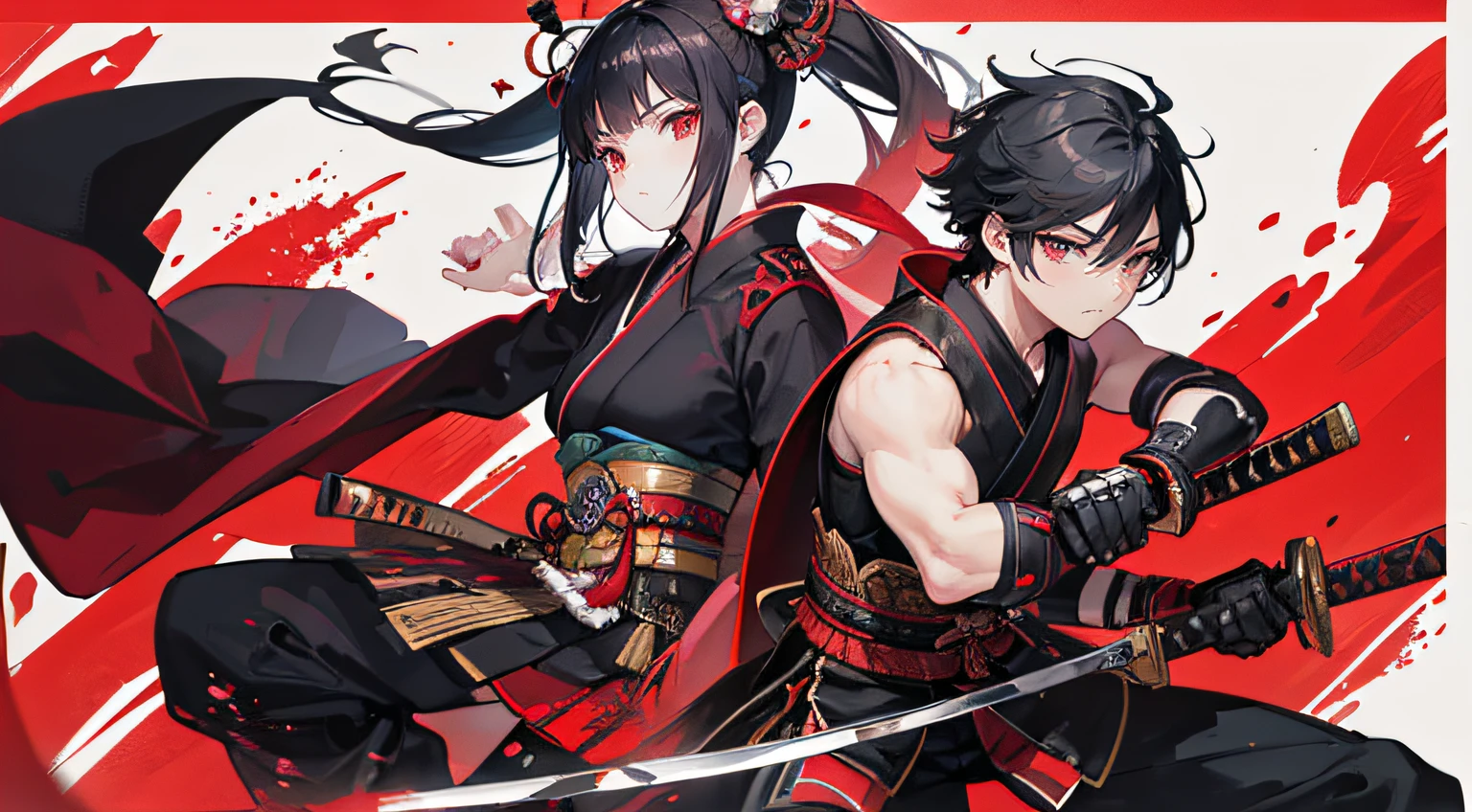 masterpiece, best quality, (1 girl, 1 man), couple, warrior couple, warrior style, japanese style, katana, holding a katana, boyfriend, girlfriend, japanese style background, black paint background, red splash background,