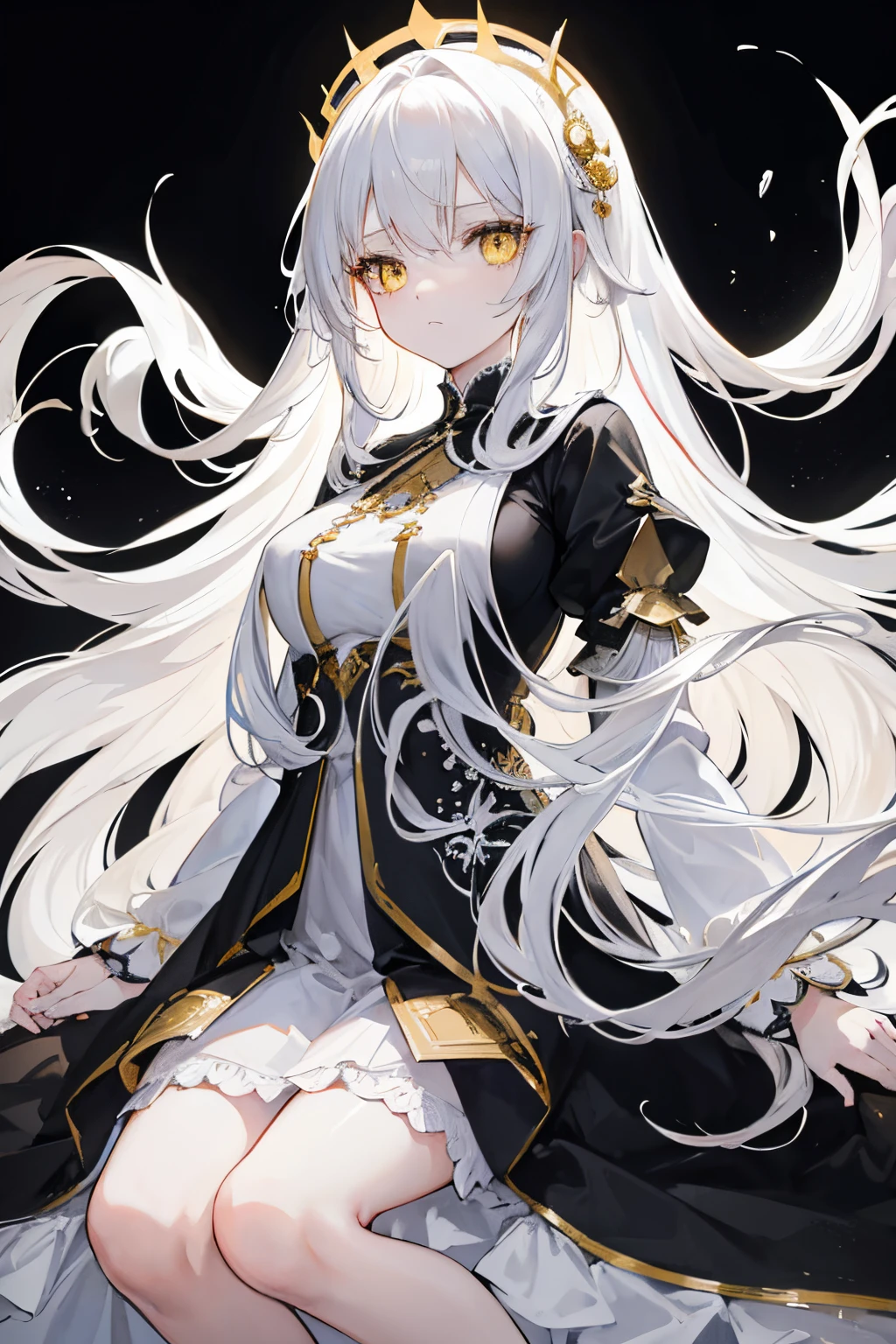 Anime Girl, long white hair, Beautiful yellow eyes, wearing a beautiful black and white dress, Looks expressionless and a little sad, Full body, Detailed, Good anatomy, beautiful dark background, 8K, High resolution