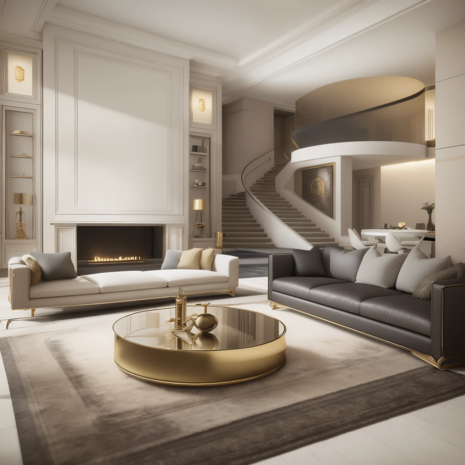 there is a living room with a fireplace and a couch, Luxury condominium interior, ouro e materiais de luxo, estilo de design de interiores popular, luxury hd render, elegante e refinado, insanely detailed rendering, ambiente luxuoso, beautifully detailed render, high quality 3d render, high quality 3d render, highly detailed render, realistic physics rendering, sala de estar moderna, Luxury furniture