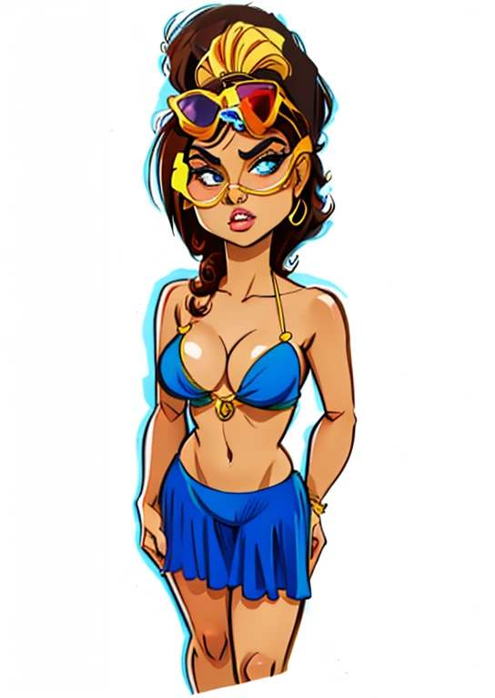 cartoon woman in blue bikini and sunglasses in front of white background, in cartoon style, arte dos desenhos animados, mulher mexicana bronzeada bonita, mulher bonito, Chibi, Close-up de corpo inteiro, is wearing a swimsuit, Cartoon style illustration, Retrato do meio do corpo, cel sombreado:15, arte digital dos desenhos animados, arte vetorial cel sombreada, retrato de corpo inteiro, estilo caricatura