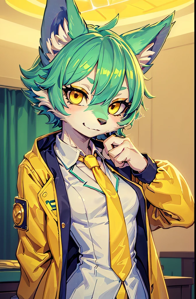 A beautiful small breasted wolf girl with vibrant colours stands in an apartment interior. She has mint green short ((scruffy hair)) and glowing yellow eyes. She is wearing a ((golden scientist jacket with a gold necktie)). The overall atmosphere is filled with vibrant colours and a sense of elegance. ((detailed features)), ((detailed fingers, precise fingers,)) (((not unnatural hands)))