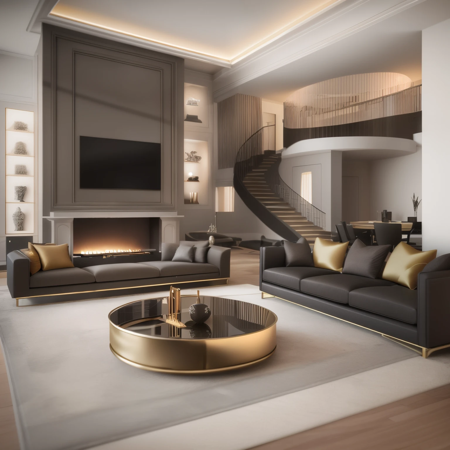 there is a living room with a fireplace and a couch, Luxury condominium interior, ouro e materiais de luxo, estilo de design de interiores popular, luxury hd render, elegante e refinado, insanely detailed rendering, ambiente luxuoso, beautifully detailed render, high quality 3d render, high quality 3d render, highly detailed render, realistic physics rendering, sala de estar moderna, Luxury furniture