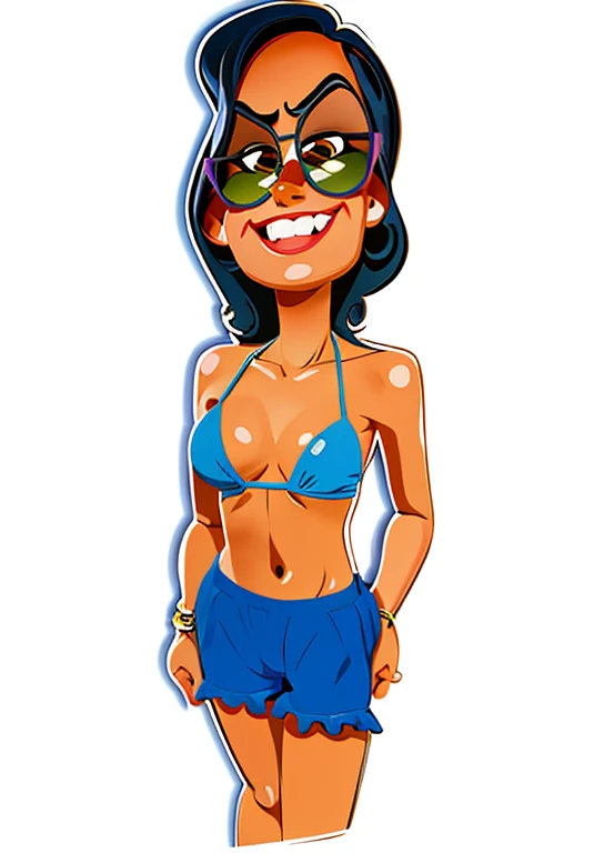cartoon woman in blue bikini and sunglasses in front of white background, in cartoon style, arte dos desenhos animados, mulher mexicana bronzeada bonita, mulher bonito, Chibi, Close-up de corpo inteiro, is wearing a swimsuit, Cartoon style illustration, Retrato do meio do corpo, cel sombreado:15, arte digital dos desenhos animados, arte vetorial cel sombreada, retrato de corpo inteiro, Estilo de caricatura