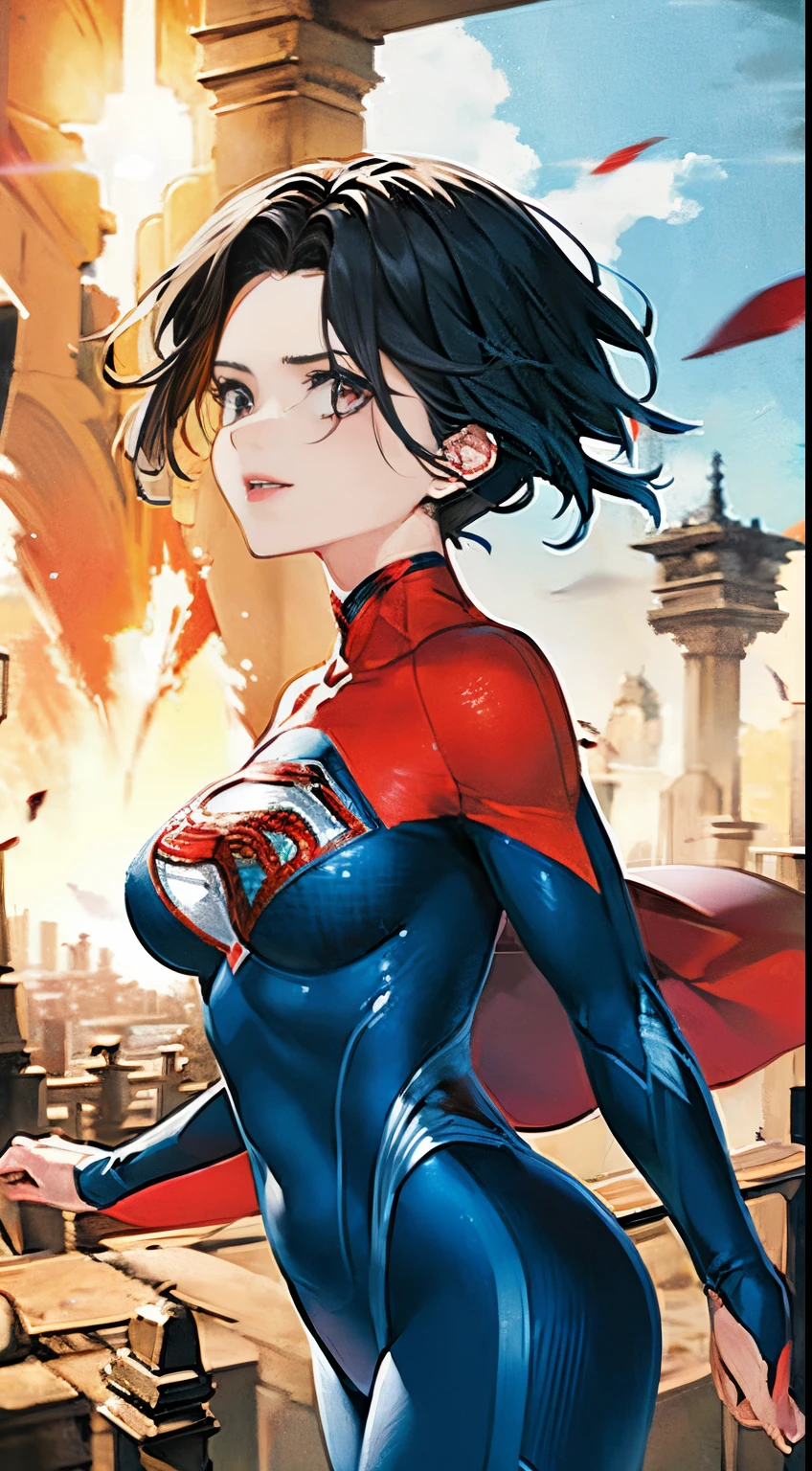 Anime perfect SUPERGIRL body woman, blue short hair, iluminated red eyes, red lips, perfect small breasts, flying between clouds  in ambient artic, perfect body, sexy smile, Supergirl