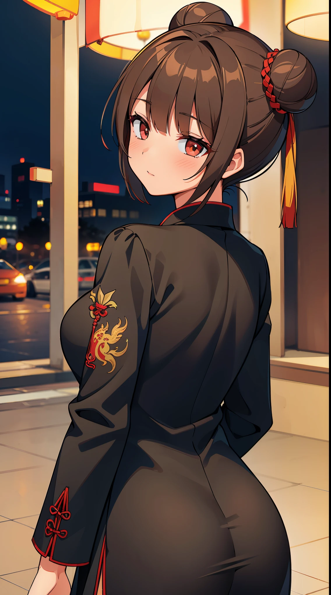 (in 8K, Raw photography, Best Quality, masutepiece: 1.2), high-definition RAW color photography, Professional Photography, Cinematic Light, (animesque:1.2), (ung chinese woman), (Brown hair, short-cut, Bun head)slenderbody, ((A black cheongsam dress with colorful dragon embroidery on the back.)) , ((With your back turned, Looking back, Focus on the back:1.1)), (((upperbody shot))),((full-face blush)), ((Night, Chinatown)), Realistic, Highly detailed, Photography, masutepiece, High quality, High quality, hight resolution, Professional Lighting,