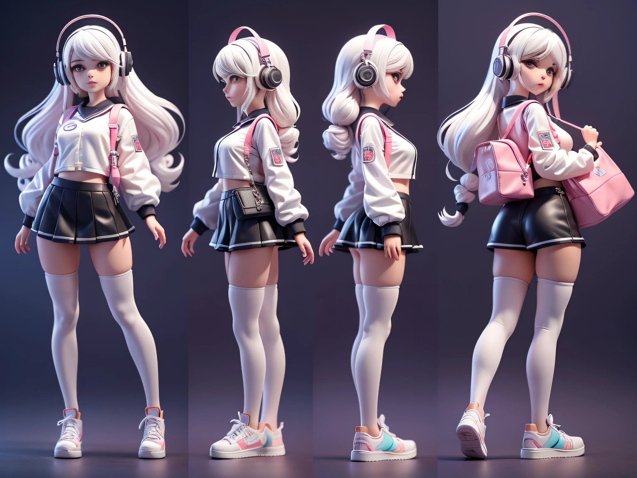 one-girl, pretty cool, Bushy hair, White hair,cute face, with headphones on, chic clothes, Wear small leather shoes, Carrying an inflatable school bag, solid color backdrop, 8K, tmasterpiece, The content is very detailed, The content is very detailed, Best quality, c4d, Blander,IP mirroring, Bubble Mart,The front of a character,Lateral face,back,Multiple views of the same role,Full body lesbian,Three perspective bodyesbian,Girl front vieirl's side,Girl rear view。