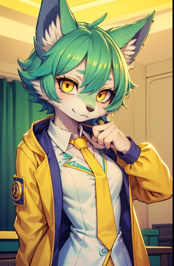 A beautiful small breasted wolf girl with vibrant colours stands in an apartment interior. She has mint green short ((scruffy hair)) and glowing yellow eyes. She is wearing a ((golden scientist jacket with a gold necktie)). The overall atmosphere is filled with vibrant colours and a sense of elegance. ((detailed features)), ((detailed fingers, precise fingers,)) (((not unnatural hands)))