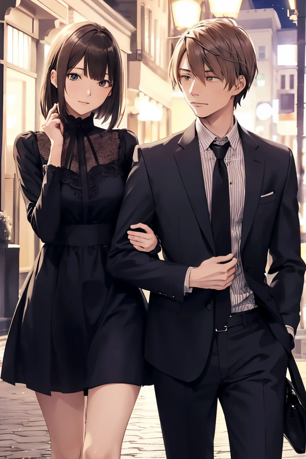 ((Best Quality)), ((masutepiece)), (Detailed), Perfect face,night landscape,A man hands a love letter to a woman with both hands,,Two men and women are standing facing each other,Women's clothing is shirt dress,Men's clothing is shirts and slacks,A space for just the two of you,