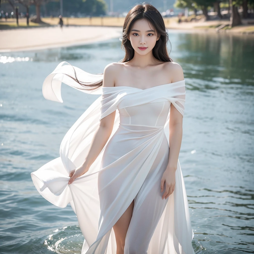 Romantic Rose White Dress 2, Deep in Wonderland,The moonlight falls like water,foggy room,The figure of the heroine is vaguely visible,Just like the fairy in the painting,Slender sexy legs,Very beautiful legs,Show sexy,Large Breasts,Beautiful with a hint of mystery。Her face is beautiful and delicate,Like finely carved jade,Showing otherworldly beauty。picturesque eyebrows,The waves in my eyes are like twinkling stars,Show the light of perseverance and wisdom。The bridge of the nose is straight,Lip color like cherry,The slightly raised corners of the mouth reveal confidence and calmness。Her face is chiseled,Skin as fair as jade,Reveal a healthy glow,like a fairy, She never eats fireworks in this world。Her makeup is light and delicate,Not too much embellishment,But enough to show her temperament and charm。Light-colored foundation brings out the transparency of the skin,A light eyebrow pencil outlines her perfect eyebrow shape,Eye makeup is eye shadow and eyeliner,Make her eyes brighter and more energetic。嘴唇涂上elegant的口红,Adds a bit of charm and sophistication。她白色透明的衣服elegant别致,Clothes flying,It seems like it will be blown up by the wind at any time,drifting into the distance。既不失elegant,Also showed off her extraordinary skills。A wide belt is tied around the waist,There is a crystal clear jade pendant hanging on it,Swinging with her movements。Her hair is tied back casually,Protect it with hostas,A few strands of hair are fluttering gently in the wind,Adds a bit of softness。Her figure is looming in the fairyland,宛如一道Large Breasts Beautiful的风景线,Attracted everyone's concern。She seems to be a fairy in wonderland,Large Breasts Beautiful、elegant、mystery、and full of power。8k,beautiful hands、foot,like a fairy'Perfect natural fingers,foot指。
