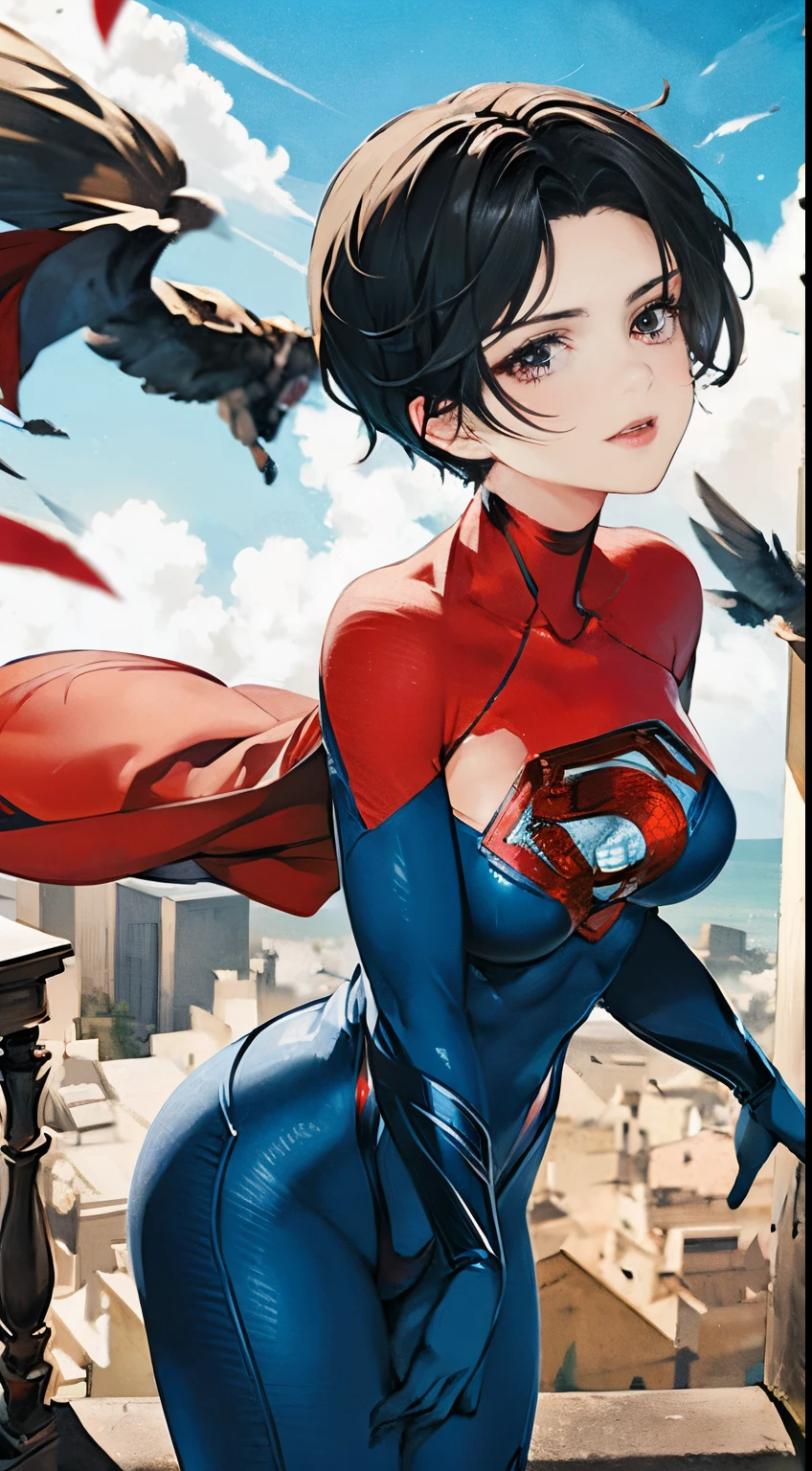 Anime perfect SUPERGIRL body woman, blue short hair, iluminated red eyes, red lips, perfect small breasts, flying between clouds  in ambient artic, perfect body, sexy smile, Supergirl