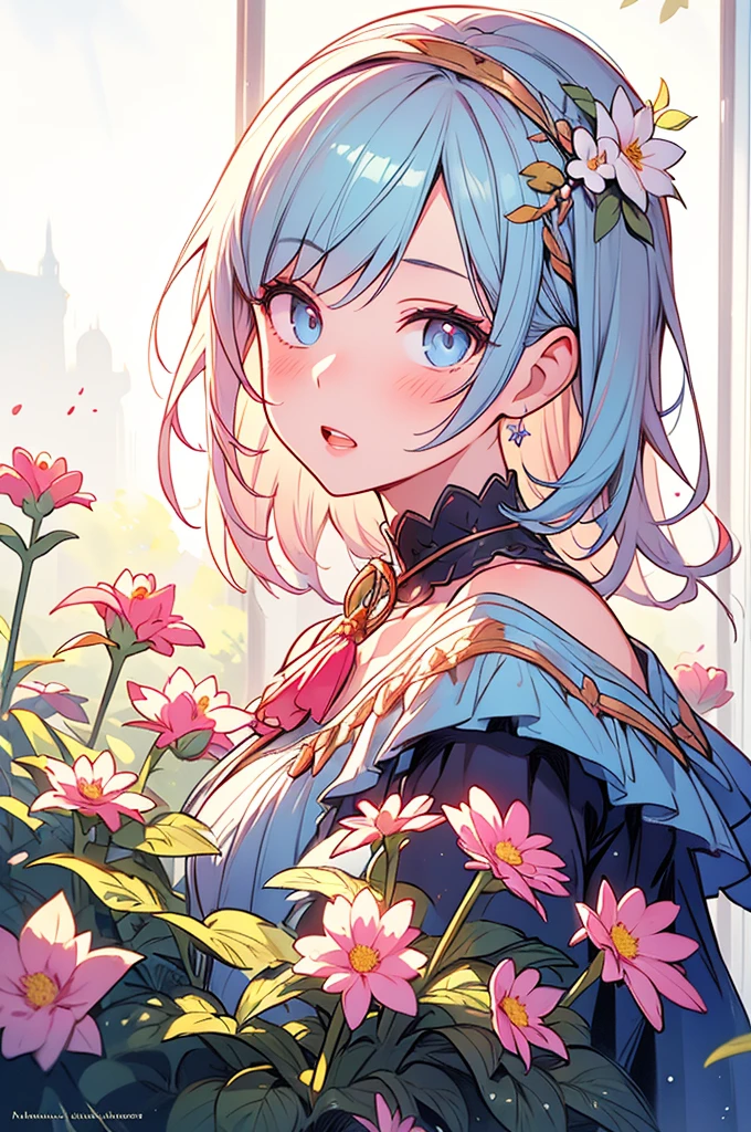 a girl with pastel hair and a complementary colored dress with flowers around her neck and shoulder, with a flowers in her hair, two-tone hair, Charlie Bowater, stanley artgerm lau, a character portrait, fantasy art, (cartoon:1.3)