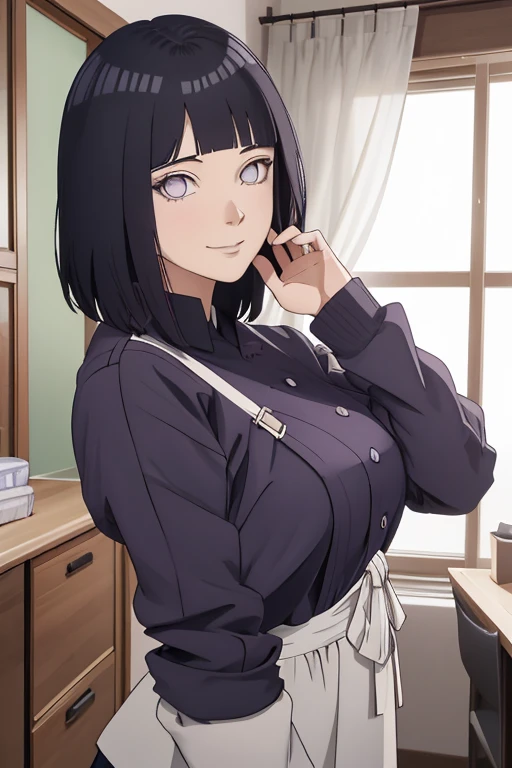 anime image of a woman in a kitchen with a white apron, hinata hyuga, anime visual of a cute girl