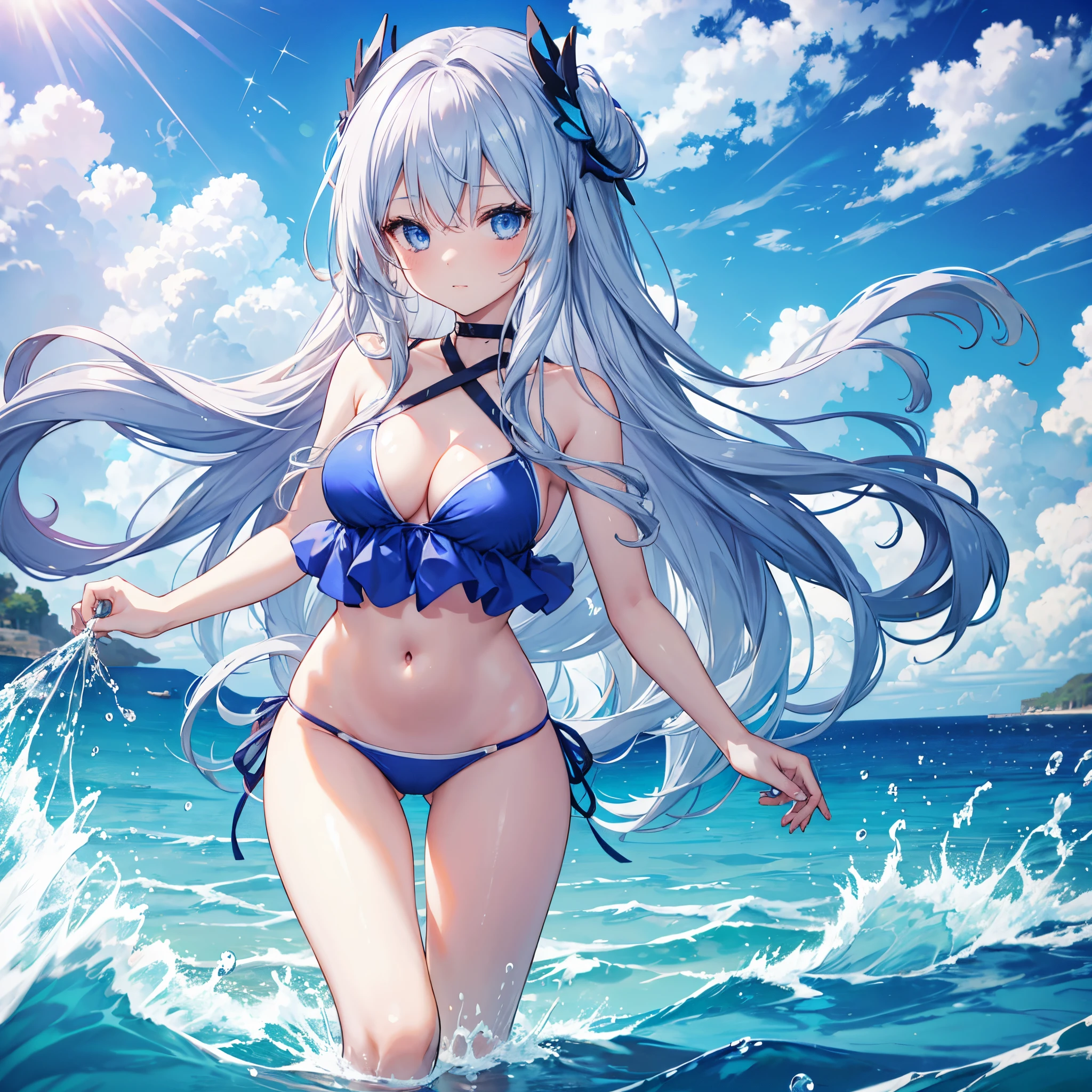 A silver long hair blue eyes anime girl wearing blue bikini swimming at the sunny beach