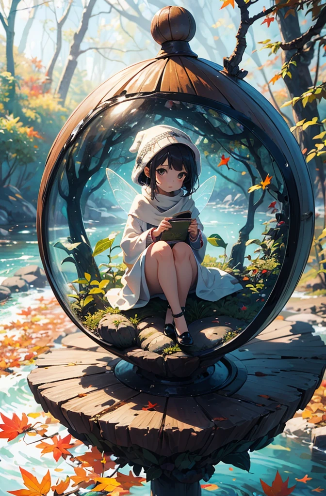 depict a whimsical and enchanting scene of a cute little fairy wearing a scarf and cute dress ((sitting on a leaf) resting in a (forest), (fall season), small river, autumn,