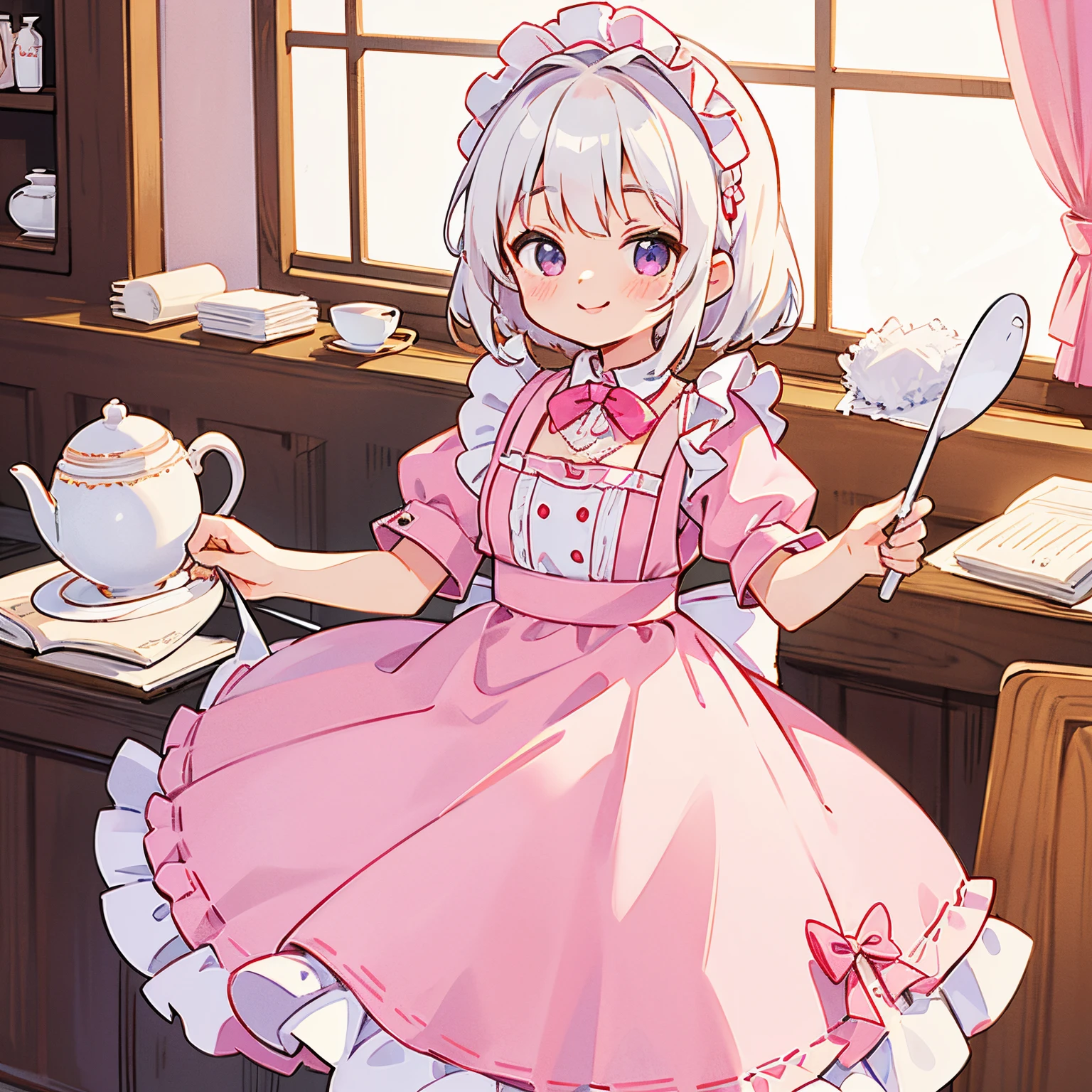 ars、Maid Cafe、Maids、Pink maid clothes（lots of ruffles）、White apron（lots of ruffles）、Maid Cap、White hair、a smile、Curtsey