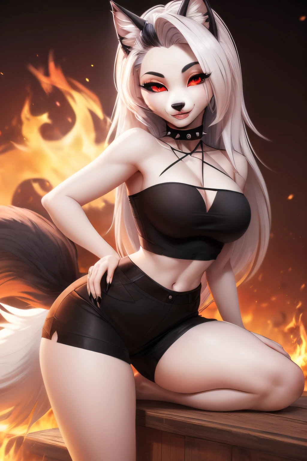 ((ultra quality)), ((tmasterpiece)), loona, The Wolf Girl, Furry Wolf, ((White, hairlong)), ((there are only wolf ears, black)), ((there is a wolf fluffy white tail at the back of the back)), (Beautiful cute face), (beautiful female lips), Charming, (beautiful wolf nose), ((sexy facial expressions)), looks at the camera and smiles tenderly, eyes are slightly closed, (Skin color: white), (White Skin Skin), Body glare, ((detailed beautiful female eyes)), ((red-eyes)), (juicy female lips), (beautiful female hands), ((perfect female figure)), perfect female body, Beautiful waist, nice feet, Beautiful feet, black claws, gorgeous big thighs, Beautiful medium breasts, ((Subtle and beautiful)), seductively worth it (seen from behind), (wearing black shorts, black ripped top pentagram star neckline, black choker with spikes) background: hell, fire, Everything is on fire, ((Depth of field)), ((high quality clear image)), (crisp details), ((higly detailed)), Realistic, Professional Photo Session, ((Clear Focus)), the anime, NSFW