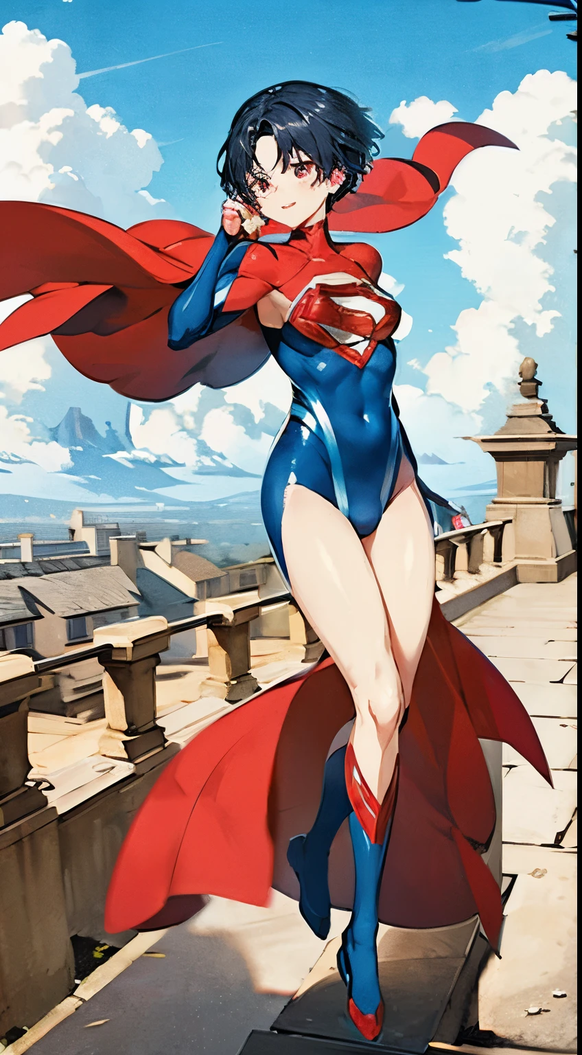 Anime perfect SUPERGIRL body woman, blue short hair, iluminated red eyes, red lips, perfect small breasts, flying between clouds  in ambient artic, perfect body, sexy smile, Supergirl