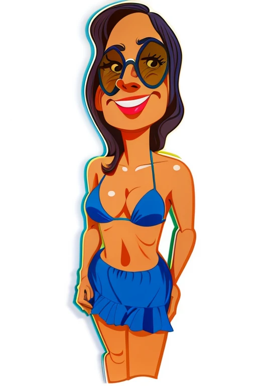 cartoon woman in blue bikini and sunglasses in front of white background, in cartoon style, arte dos desenhos animados, mulher mexicana bronzeada bonita, mulher bonito, Chibi, Close-up de corpo inteiro, is wearing a swimsuit, Cartoon style illustration, Retrato do meio do corpo, cel sombreado:15, arte digital dos desenhos animados, arte vetorial cel sombreada, retrato de corpo inteiro, Estilo de caricatura