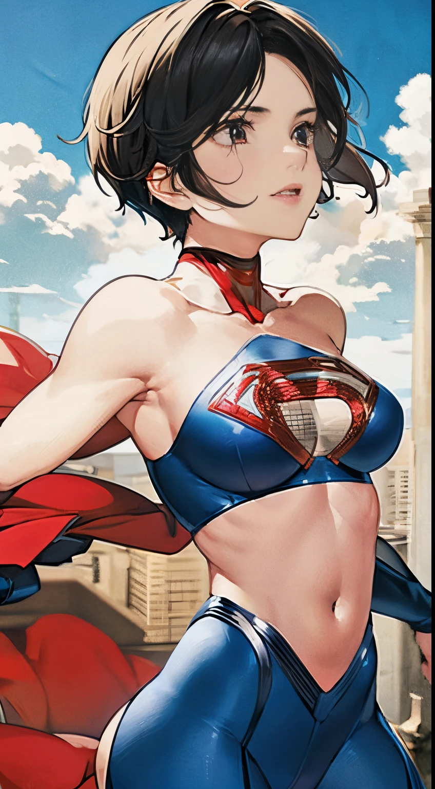 Anime perfect SUPERGIRL body woman, blue short hair, iluminated red eyes, red lips, perfect small breasts, flying between clouds  in ambient artic, perfect body, sexy smile, Supergirl