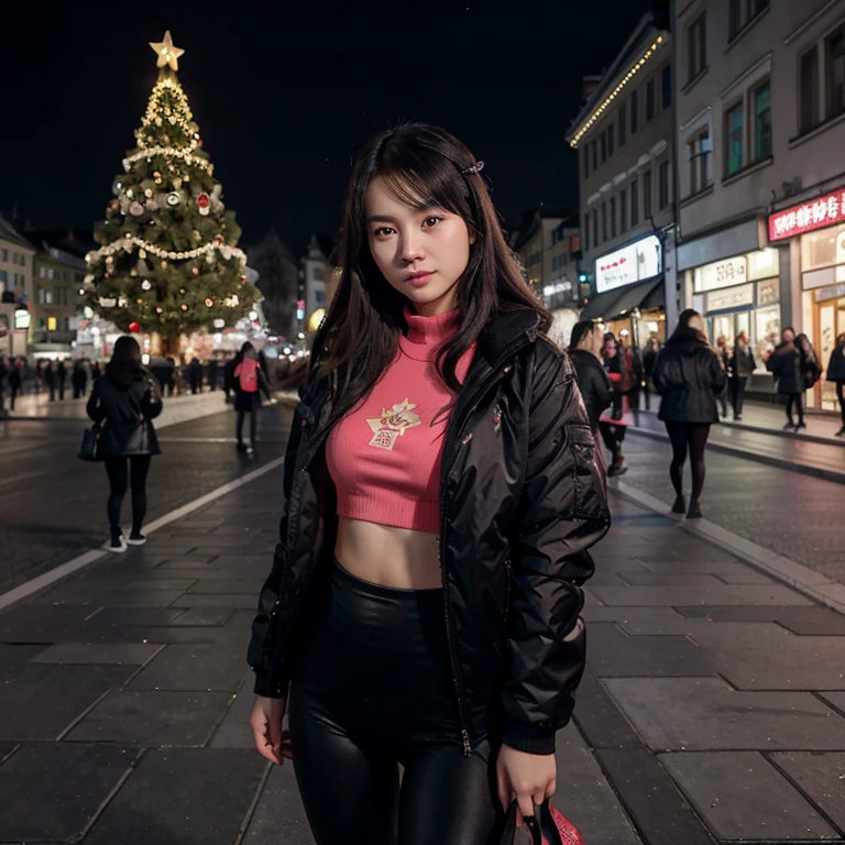 21-year-old, Chinese girl, cute, , fit body, super realistic picture, Black winter jacket, pink shirt, black leggings ,in a xmass town , Vienna Austria , Christmas themed street, one  big Christmas tree in the background , winter time ,