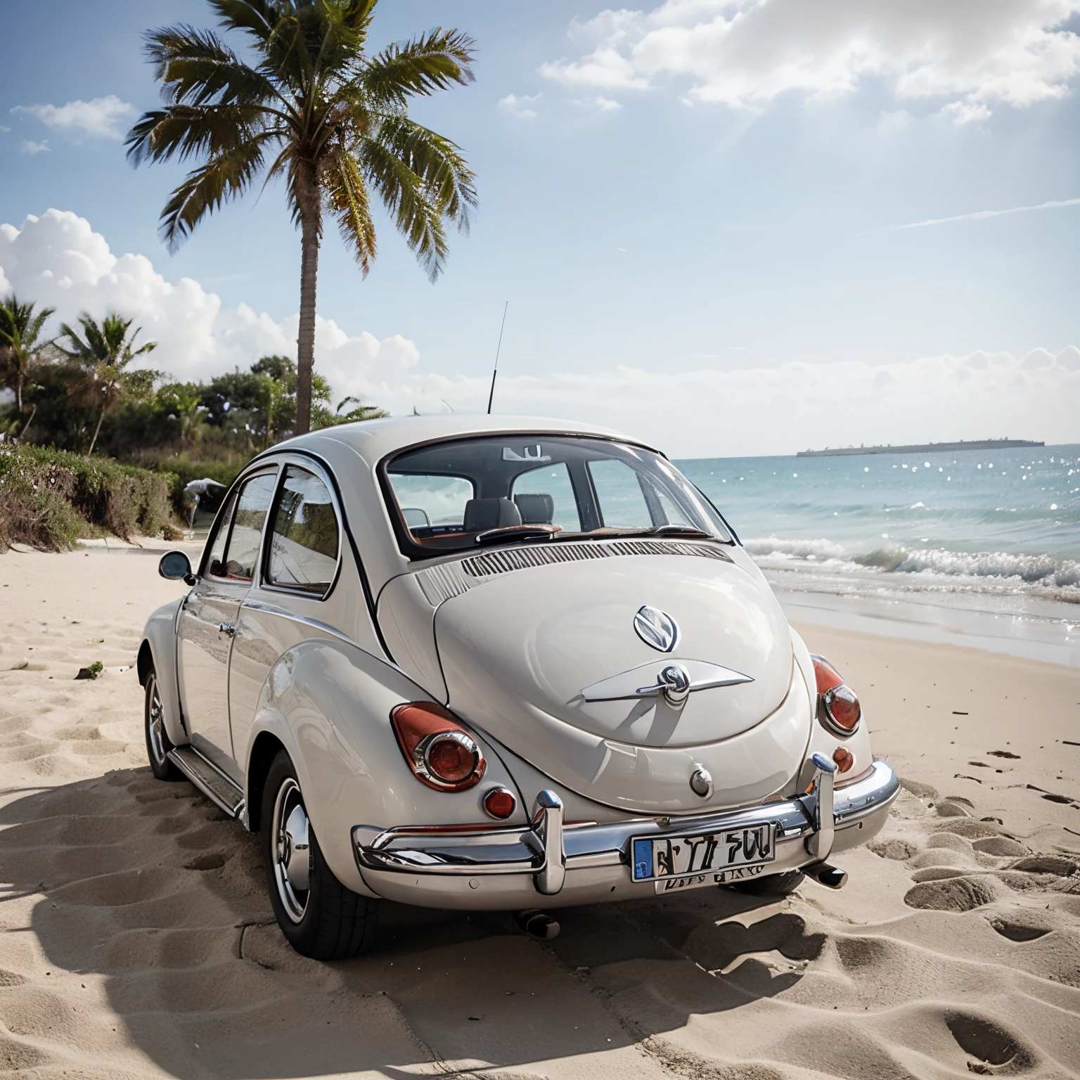 A coccinelle Volkswagen from the age of 70 on a beach with the palmiers in all the designs