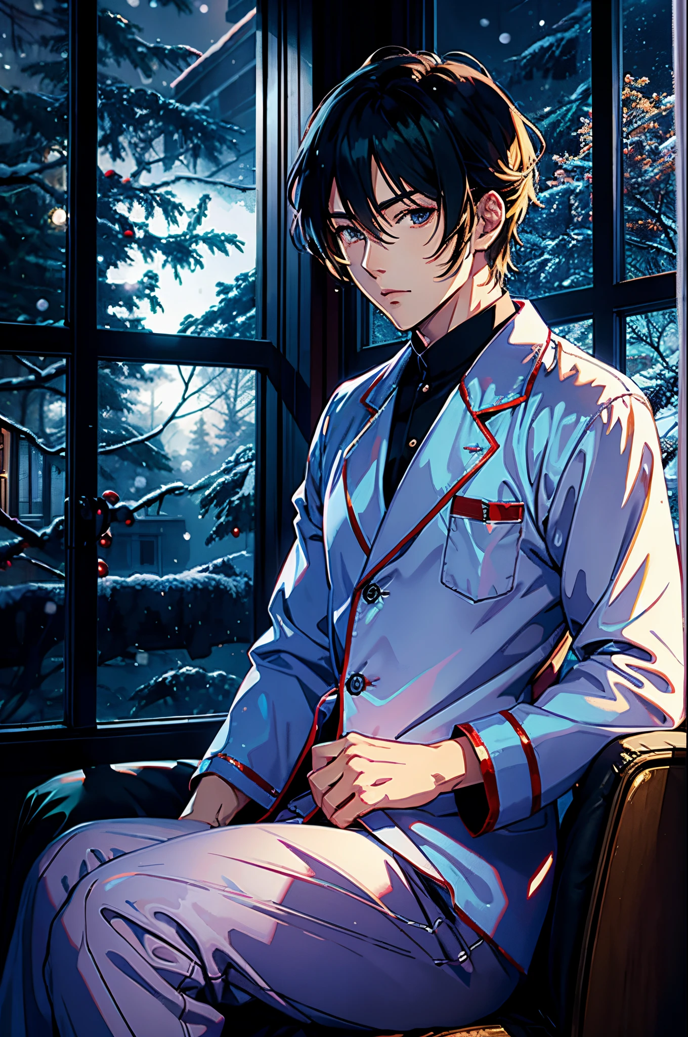 anime handsome man, sofa, Christmas silk pajamas, christmas lights, dim lights, winter forest behind the window, top-quality