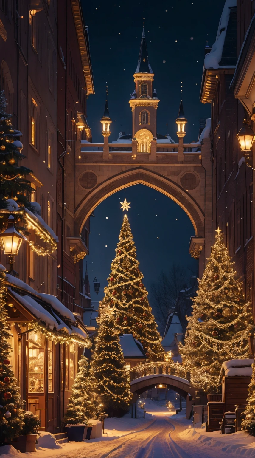 Christmas, illumination,like a fairy tale,City of night,fantastic,best quality, masterpiece, 8K,ultra detailed