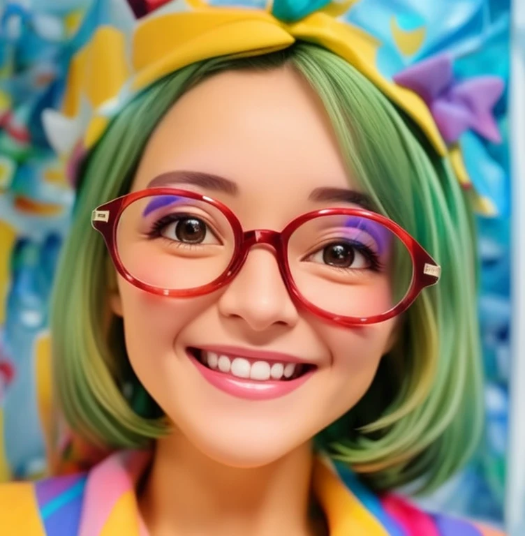 smiling woman with glasses and a colorful shirt in a room, imagem de perfil, taken in the early 2020s, happily smiling at the camera, sorrindo e olhando diretamente, close-up headshot, retrato completo em close-up, retrato frontal, imagem do avatar, full - rosto close - retrato para cima, muito ligeiramente sorridente