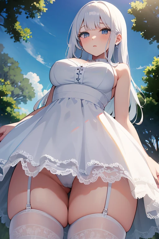 upskirt, view from below, white lace dress, white lace panties, white hair, white thigh highs, thick thighs, medium boobs