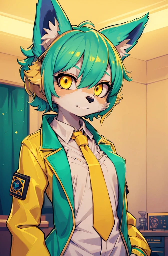 A beautiful small breasted wolf girl with vibrant colours stands in an apartment interior. She has mint green short ((scruffy hair)) and glowing yellow eyes. She is wearing a ((golden scientist jacket with a gold necktie)). The overall atmosphere is filled with vibrant colours and a sense of elegance. ((detailed features)), ((detailed fingers, precise fingers,)) (((not unnatural hands)))