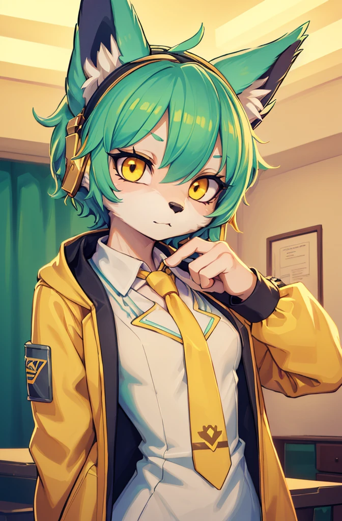 A beautiful small breasted wolf girl with vibrant colours stands in an apartment interior. She has mint green short ((scruffy hair)) and glowing yellow eyes. She is wearing a ((golden scientist jacket with a gold necktie)). The overall atmosphere is filled with vibrant colours and a sense of elegance. ((detailed features)), ((detailed fingers, precise fingers,)) (((not unnatural hands)))