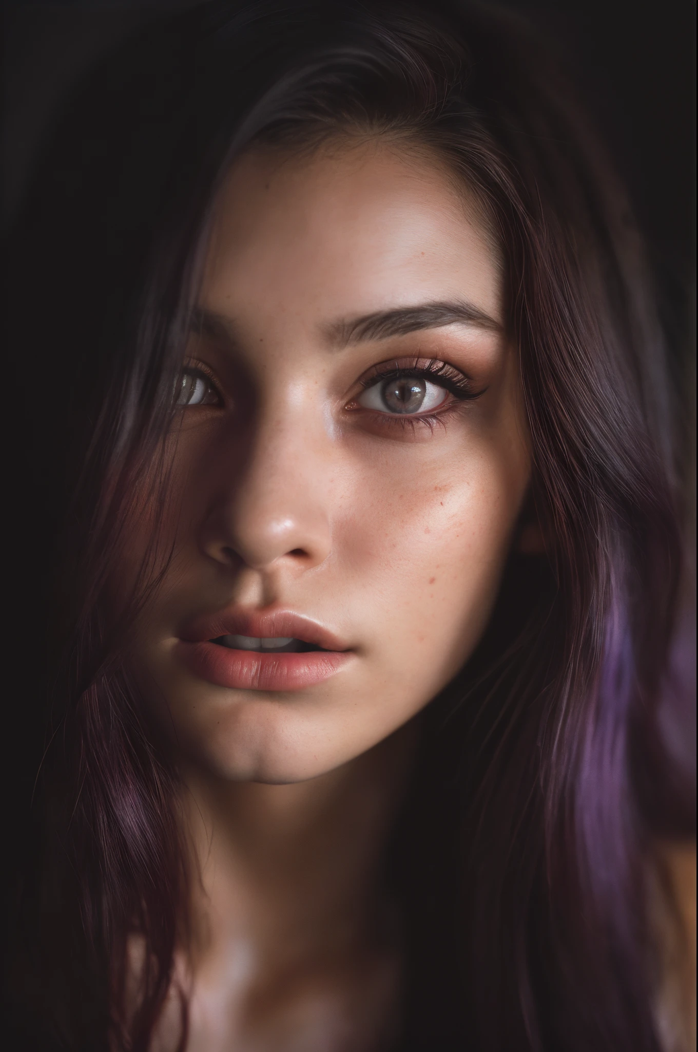 (close-up, editorial photograph of a 21 year old woman), (highly detailed face:1.4) (smile:0.7) (background inside dark, moody, private study:1.OV, by lee jeffries, violet hair, nikon d850, film stock photograph ,4 kodak portra 400 ,camera f1.6 lens ,rich colors ,hyper realistic ,lifelike texture, dramatic lighting , cinestill 800,