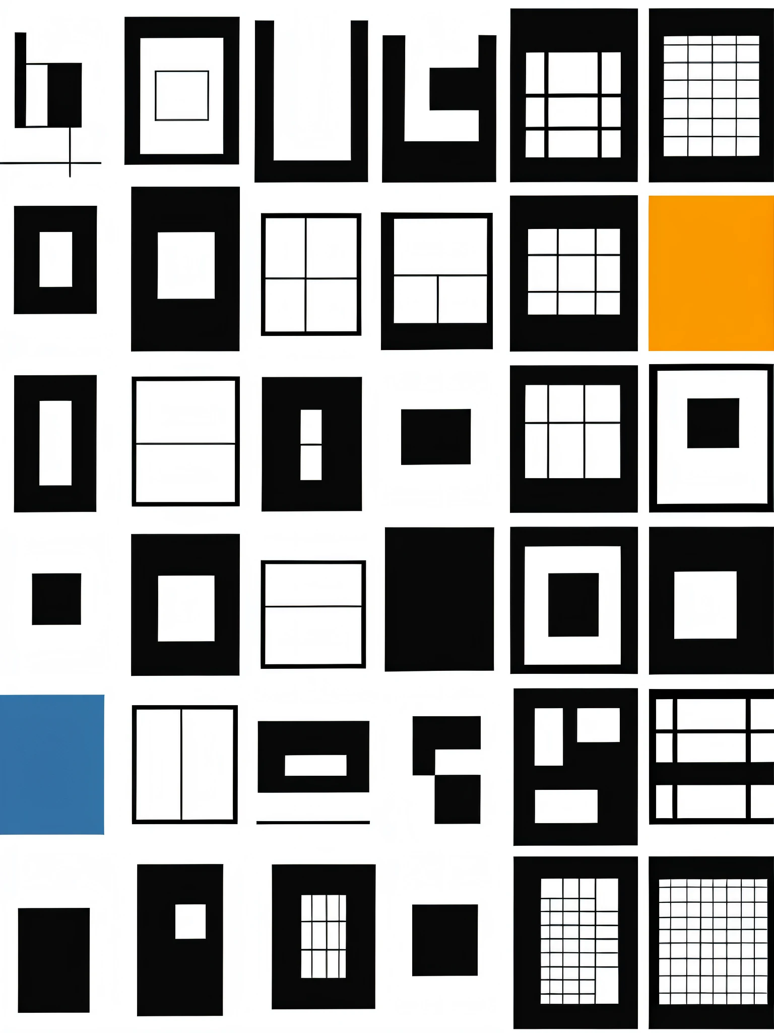 Close-up of a set of different types of windows, Montage in the shape of a grid, style grid, simplified shapes, square shapes, Vector shape, Mesh montage of shapes, grid layout, asset sheet, Various angles, some square paintings, graphic shapes, game asset sheet, rectangle, Minimal modern pixel sorting, Full page grid sprite sheet, 3 2 x 3 2