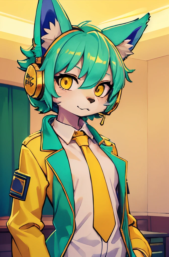 A beautiful small breasted wolf girl with vibrant colours stands in an apartment interior. She has mint green short ((scruffy hair)) and glowing yellow eyes. She is wearing a ((golden scientist jacket with a gold necktie)). The overall atmosphere is filled with vibrant colours and a sense of elegance. ((detailed features)), ((detailed fingers, precise fingers,)) (((not unnatural hands)))