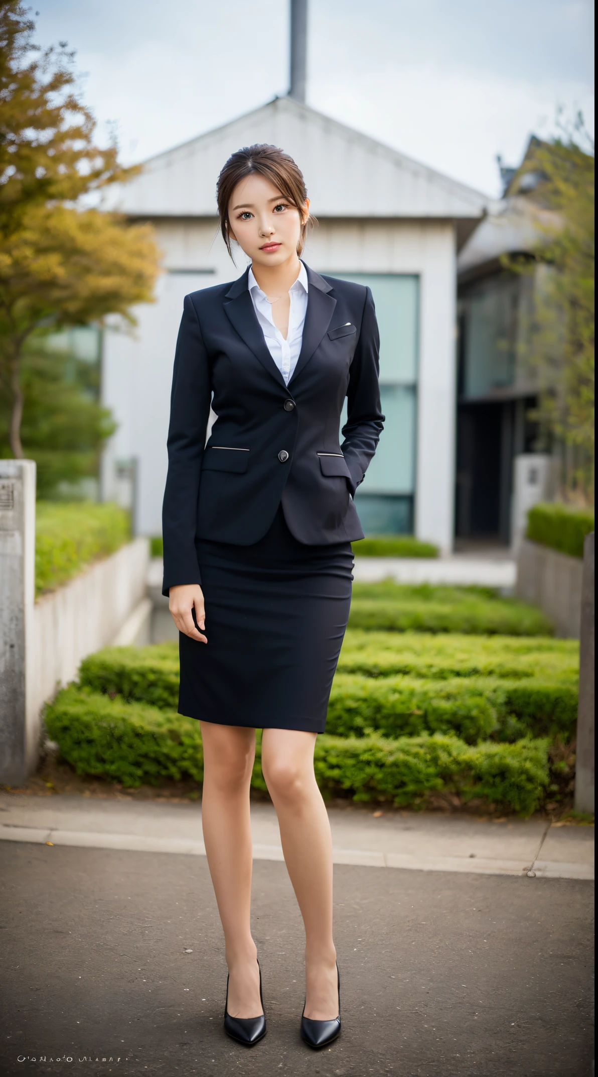 (masutepiece,High quality:1.3),(depth of fields:1.3) ,((front body:1.35)),  Japanese ,beautiful woman,Chignon,Black business suit,collared shirt, business skirt,Huge breasts,(Looking at Viewer:1.3),(Full body:1.2),
