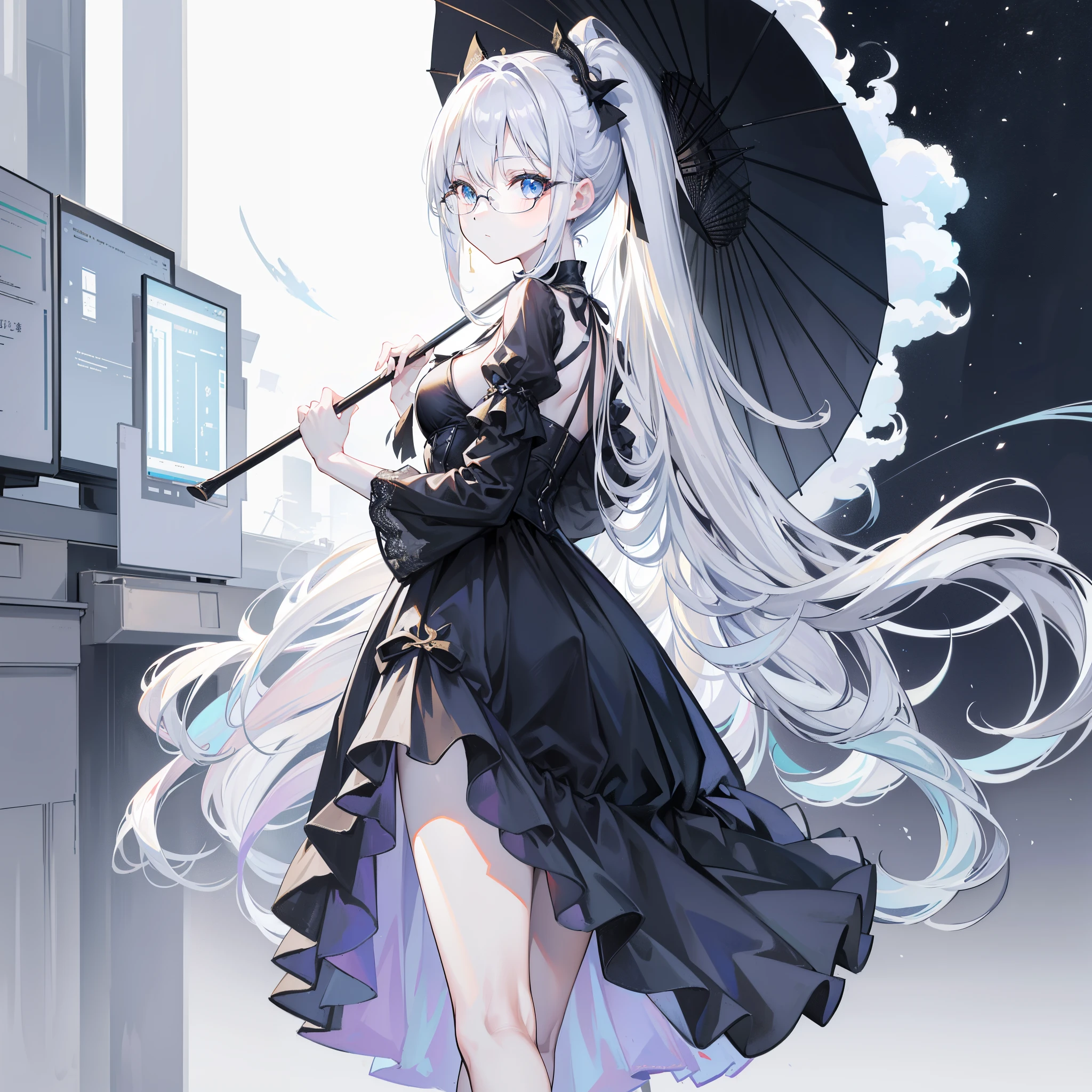 超A high resolution，best qualtiy。Western classical promenade 1 girl, Long hair that alternates between silver and black, (pale skin:1.1), black evening dress with a flowing umbrella on the left side, I have gold-rimmed glasses, Light blue eyes, Long ponytail, (Place your left hand on the frame:1.2), Looking down, , rokoko,