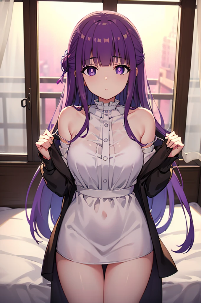 distant, Long hair, Bangs, (Purple eyes:1.1), Purple hair, side locks, Blunt bangs, Bright pupils, half updo,
Shirt, Dress, Jacket, White shirt, Open your clothes, hoods, White Dress, Hood down,Bare shoulders, Underwear, 鎖骨, Panties, Underwear only, lingerie,
Break indoors, bed,
BREAK looking at viewer, (Cowboy Shot:1.5),
BREAK (masutepiece:1.2), Best Quality, High resolution, Unity 8k壁纸, (Illustration:0.8), (Beautiful detailed eyes:1.6), extra detailed face, Perfect Lighting, extremely details CG, (Perfect hands, Perfect Anatomy),20yr old