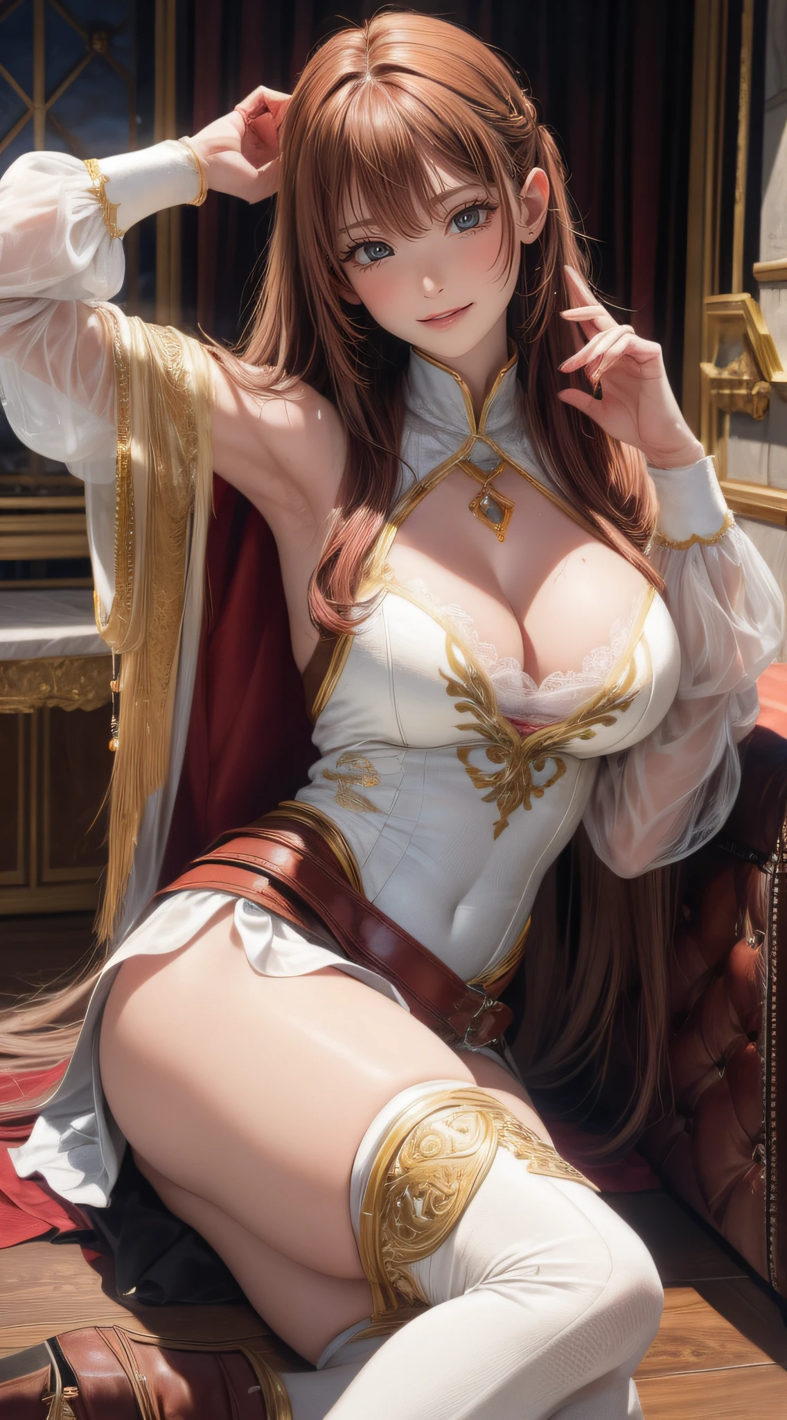 (Cinematic scene,Fantasy Art,Highest image quality,hyperrealistic portrait,(8K),Ultra-realistic,Best Quality,High quality,High Definition,high quality texture,high detailing,Beautiful detailed,fine detailed,extremely details CG,Detailed texture,realistic representation of face,masutepiece,presence,Dynamic,Bold),1gir,Ultra detailed skin,Curve,Petite,Beautiful breasts,Large breasts,pale skin,pointed breast,Erect nipples,(Thin hair),(Soft hair),(ultra straight hair),Swept long bangs,very light coppery amber hair,Hair over one eye,NSFW,Yuri,(Pornographic Images),(Leather boots,Asymmetrical armor,(long embroidered white lace dress,see through,Lift the hem of the dress))