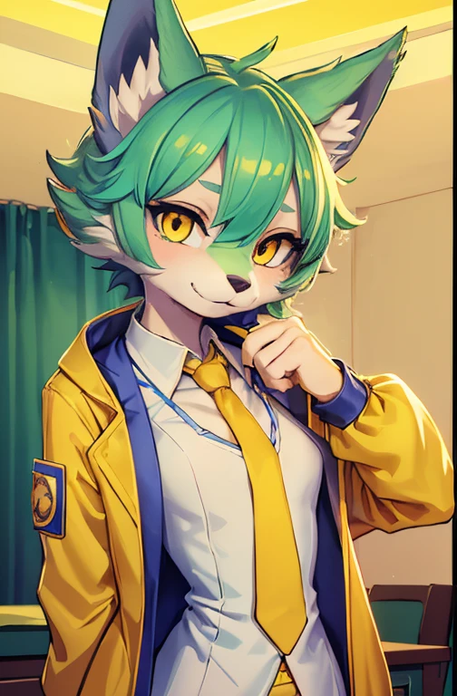 A beautiful small breasted wolf girl with vibrant colours stands in an apartment interior. She has mint green short ((scruffy hair)) and glowing yellow eyes. She is wearing a ((golden scientist jacket with a gold necktie)). The overall atmosphere is filled with vibrant colours and a sense of elegance. ((detailed features)), ((detailed fingers, precise fingers,)) (((not unnatural hands)))