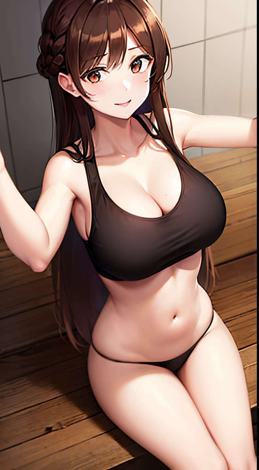 1 girl, long brown hair, very big breasts, very sexy body, smiling, wearing a tank top that shows her stomach, wearing panties