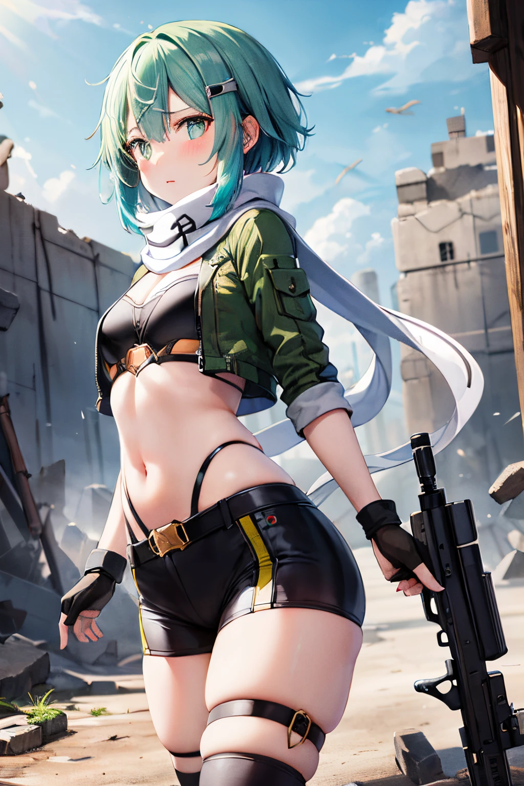 masterpiece, top-quality, hight resolution, 1girl in, sinon1, scarf, Fingerless gloves, white clothes and green jacket, hair adornments, hair clips, Thigh strap, (Shooting:1.3), Have a gun, Sniper rifle, Ruins, Shooting position, worried, Curvaceous, Small waist, bbw, Blush with embarrassment, a person々A masterpiece surrounded by, Best Quality, Shooting, expression,Running, Crowd of enemies, Military, Blue sky, Huge fortress